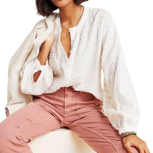 Anthropologie Pilcro White Cream Textured Cotton Swiss Dot Tavi Button Down Top - Picture 1 of 12